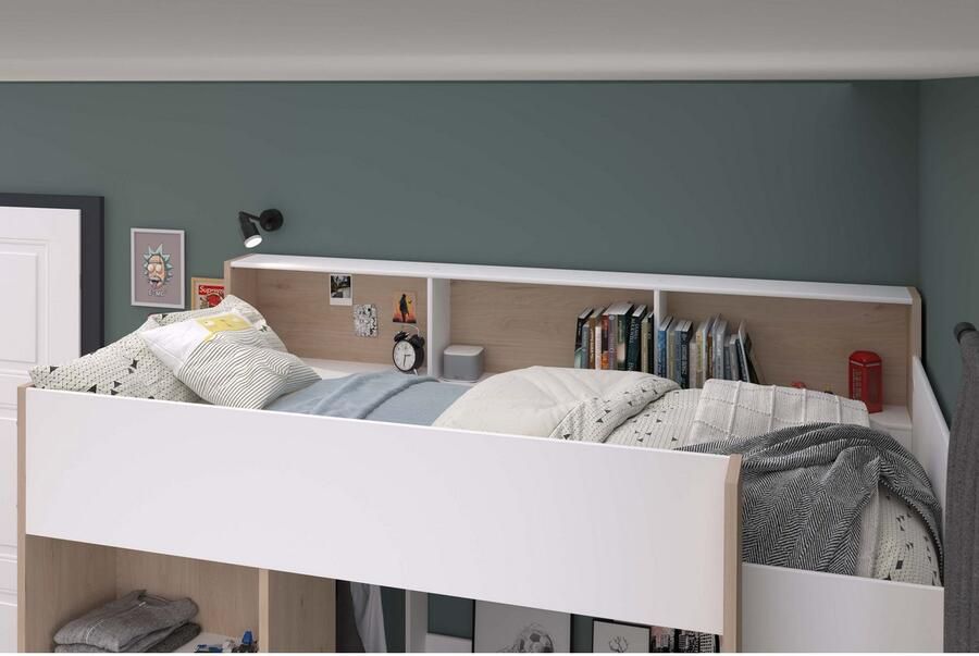 Parisot EMOB Hoogslaper Shelby 90x200cm met bureau wit eik Hoogslapers met bureau Wit; Bruin Spaanplaat Hoogslapers met bureau Eenpersoons Hoogslaper Op voorraad - Foto 11