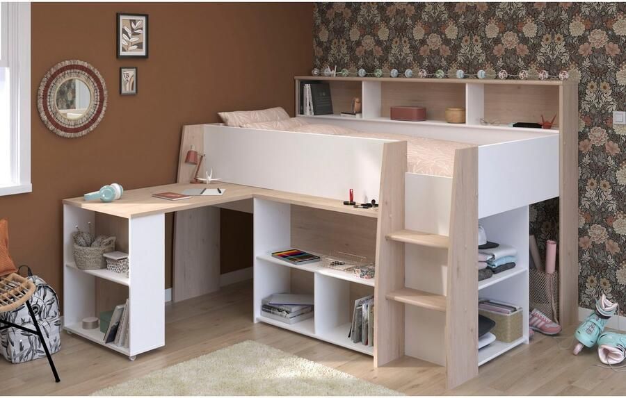 Parisot Vente-unique Combinatiebed – 90 x 200 cm – Met bureau en opbergruimte – Wit en houtlook – APOLINO L 208.4 cm x H 139.9 cm x D 133.3 cm - Foto 12