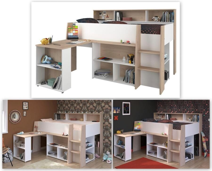 Parisot Vente-unique Combinatiebed – 90 x 200 cm – Met bureau en opbergruimte – Wit en houtlook – APOLINO L 208.4 cm x H 139.9 cm x D 133.3 cm - Foto 5