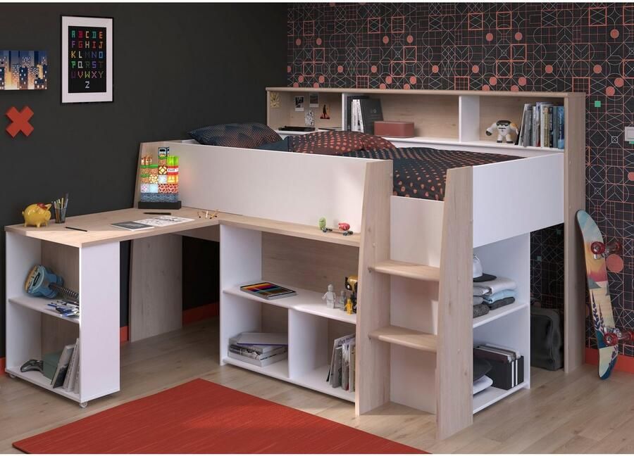 Parisot Vente-unique Combinatiebed – 90 x 200 cm – Met bureau en opbergruimte – Wit en houtlook – APOLINO L 208.4 cm x H 139.9 cm x D 133.3 cm - Foto 7