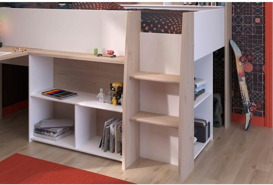Parisot Vente-unique Combinatiebed – 90 x 200 cm – Met bureau en opbergruimte – Wit en houtlook – APOLINO L 208.4 cm x H 139.9 cm x D 133.3 cm - Foto 8