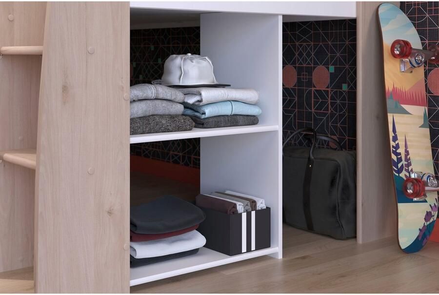 Parisot Vente-unique Combinatiebed – 90 x 200 cm – Met bureau en opbergruimte – Wit en houtlook – APOLINO L 208.4 cm x H 139.9 cm x D 133.3 cm - Foto 10