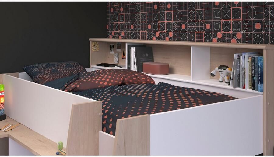 Parisot Vente-unique Combinatiebed – 90 x 200 cm – Met bureau en opbergruimte – Wit en houtlook – APOLINO L 208.4 cm x H 139.9 cm x D 133.3 cm - Foto 15