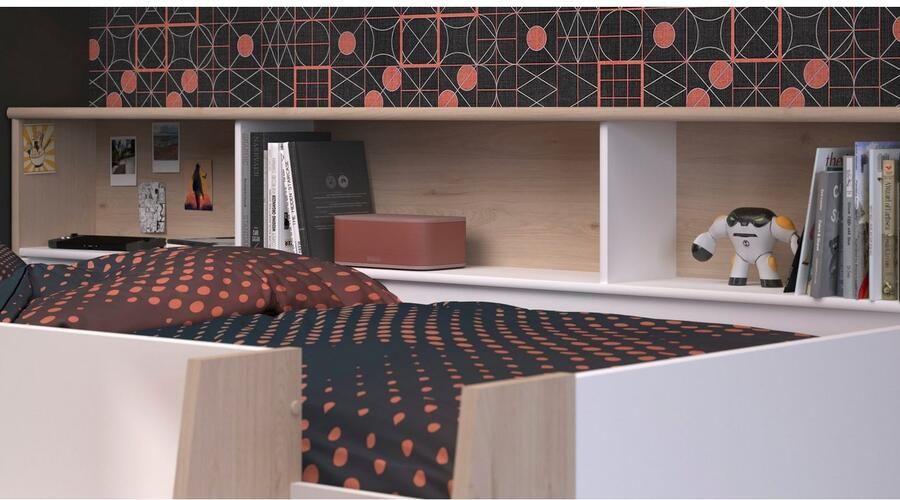 Parisot Vente-unique Combinatiebed – 90 x 200 cm – Met bureau en opbergruimte – Wit en houtlook – APOLINO L 208.4 cm x H 139.9 cm x D 133.3 cm - Foto 16