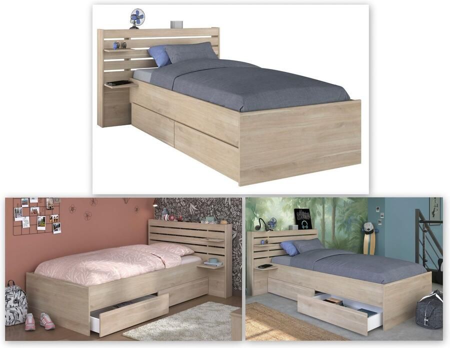 Kinderbedbed 90x190 200 cm eiken decor bedkop + 2 laden L121.5 x H88.6 x d216 8 cm - Foto 4