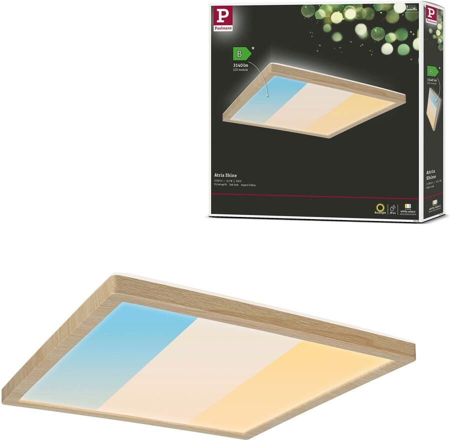 Paulmann Led-plafondlamp LED paneel Atria Shine IP44 vierkant mm witte schakelaar houtlook eiken