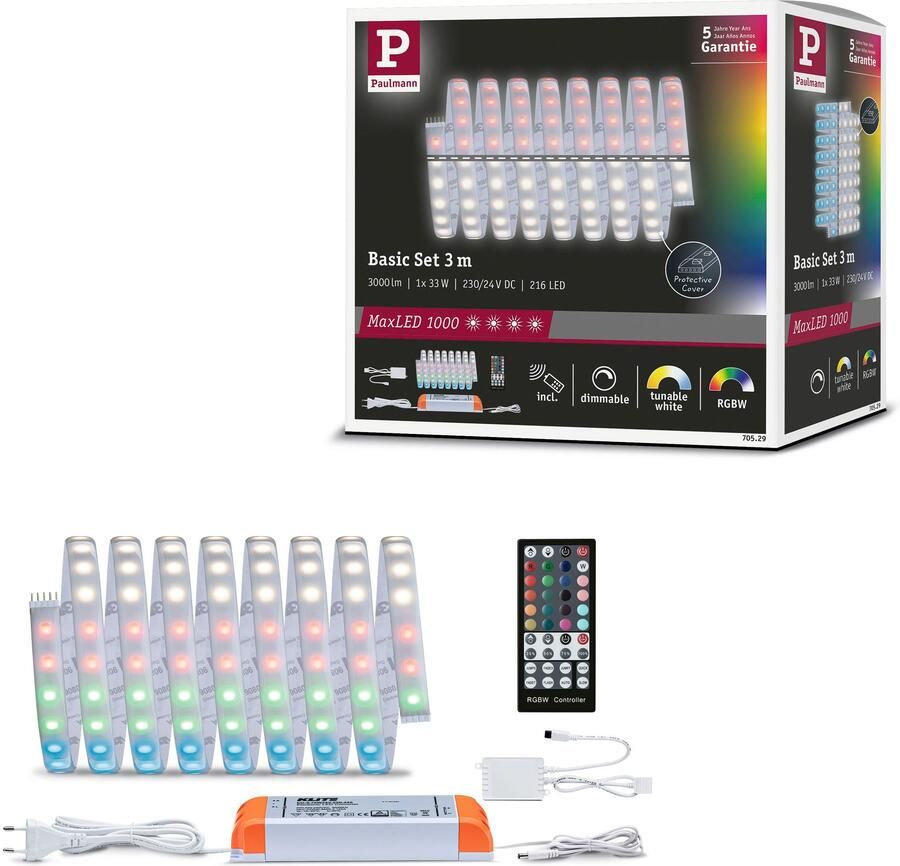 Paulmann Led-strepen MaxLED 1000 Basisset 3m RGBW IP44 Deksel 3000K 33W 230 24V 75VA zilverkleur - Foto 7