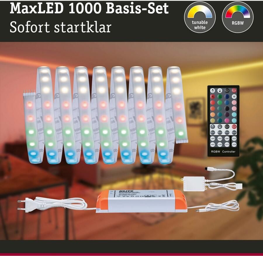 Paulmann Led-strepen MaxLED 1000 Basisset 3m RGBW IP44 Deksel 3000K 33W 230 24V 75VA zilverkleur