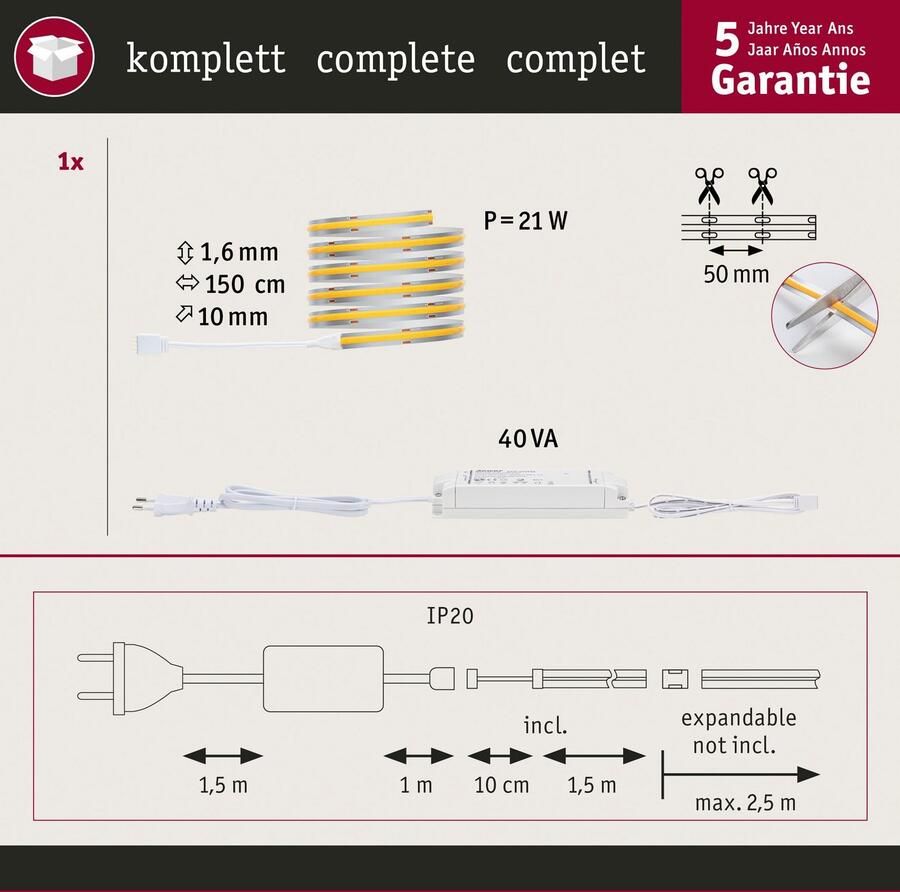 Paulmann Led-strepen MaxLED 1000 Full-Line COB Basisset 1 5m Warmwit 18W 1620lm 2700K (1 stuk) - Foto 2