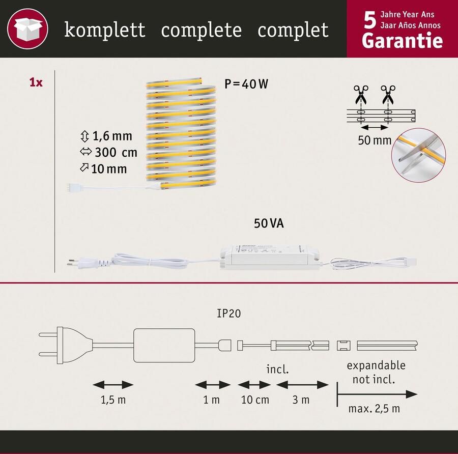 Paulmann Led-strepen MaxLED 1000 Full-Line COB Basisset 3m Warmwit 36W 3240lm 2700K (1 stuk) - Foto 2