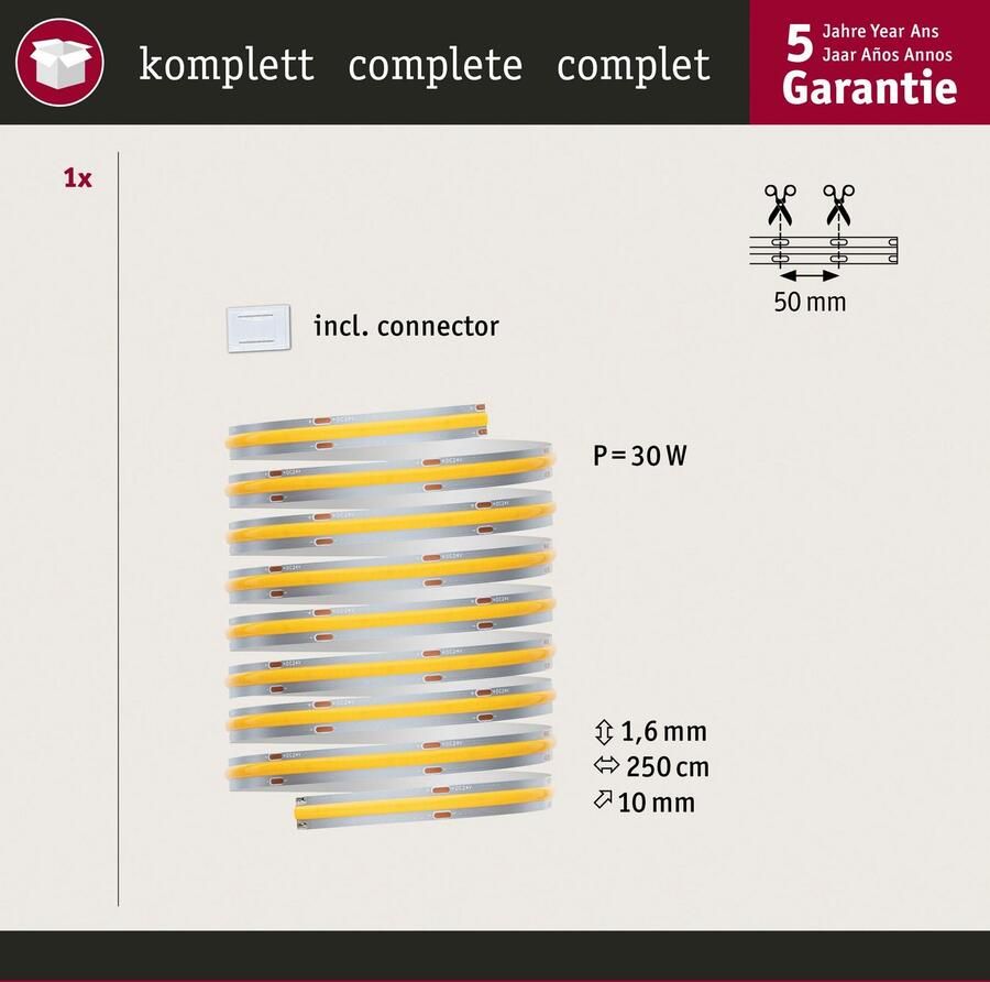 Paulmann Led-strepen MaxLED 1000 Full-Line COB Enkelstrip 2 5m Warmwit 30W 2700lm 2700K (1 stuk)