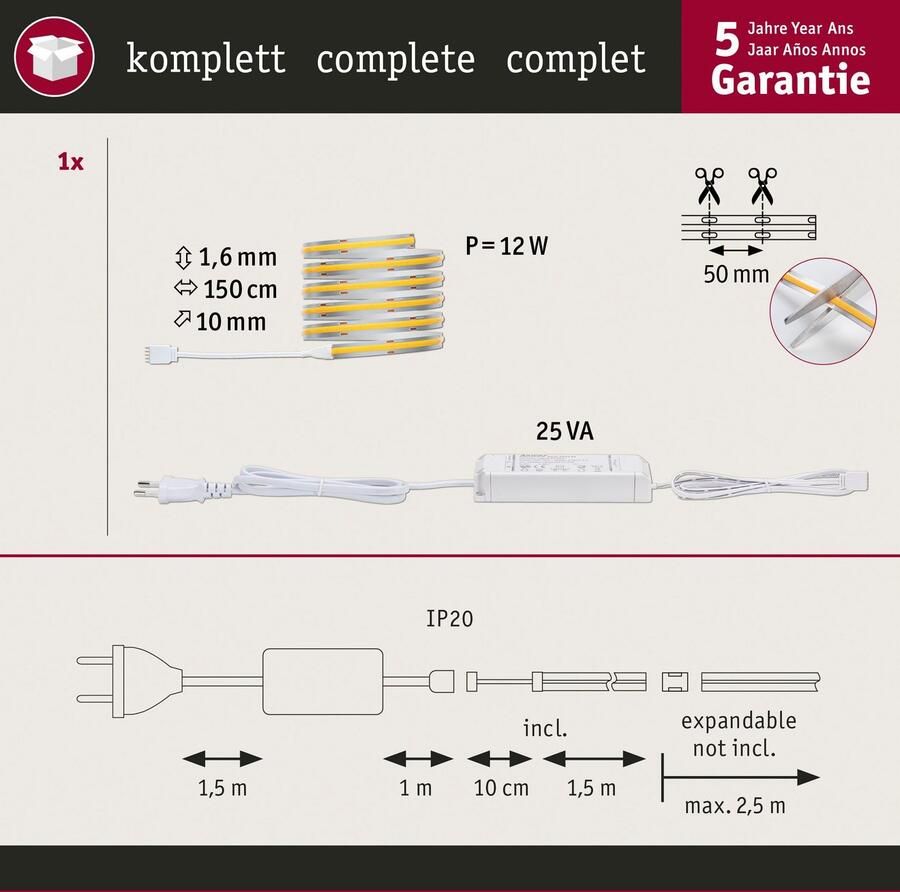 Paulmann Led-strepen MaxLED 500 Full-Line COB Basisset 1 5m warmwit 10W 750lm 480LED 2700K (1 stuk) - Foto 2