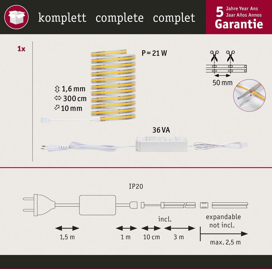 Paulmann Led-strepen MaxLED 500 Full-Line COB Basisset 3m Warmwit 19W 1500lm 480LED 2700K (1 stuk) - Foto 2