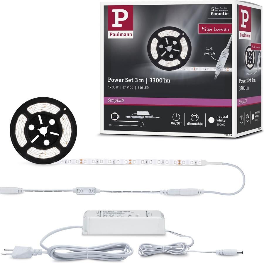 Paulmann Led-strepen SimpLED Power Strip Set incl. Dimm Switch 3m Neutraalwit 33W (1 stuk) - Foto 7