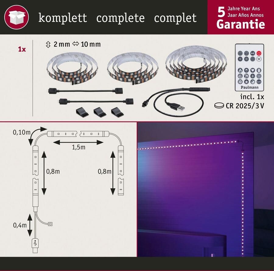 Paulmann Led-strepen USB LED Strip TV-Verlichting 75 Inch 3 1m Dynamic Rainbow RGB 5W (1 stuk)