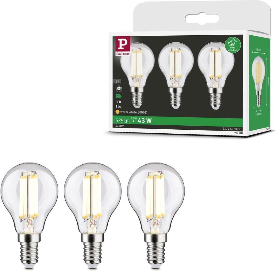 Paulmann Led-verlichting Eco-Line filament 230V LED druppel E14 3-pack 525lm 2 5W 3000K helder (3 stuks)