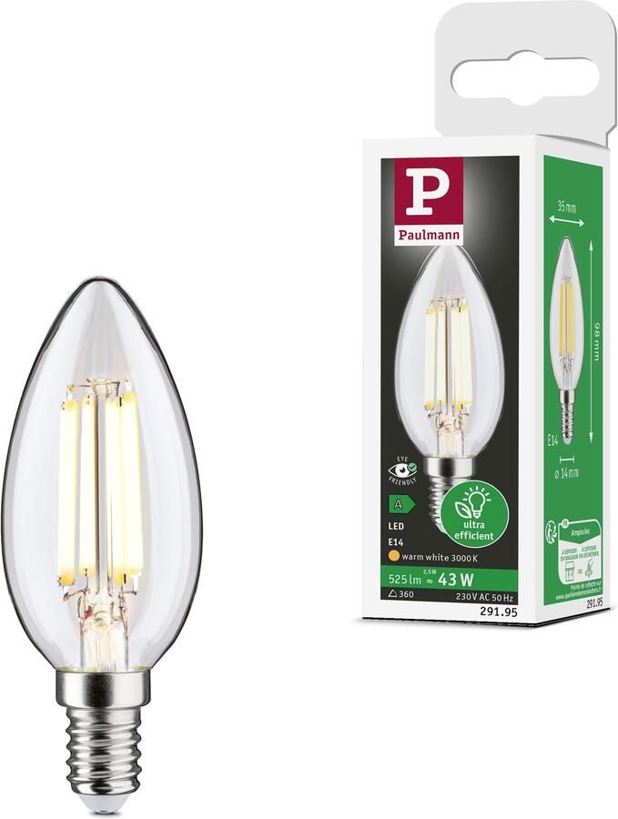 Paulmann Led-verlichting Eco-Line filament 230V LED kaars E14 1-set 525lm 2 5W 3000K helder (1 stuk)