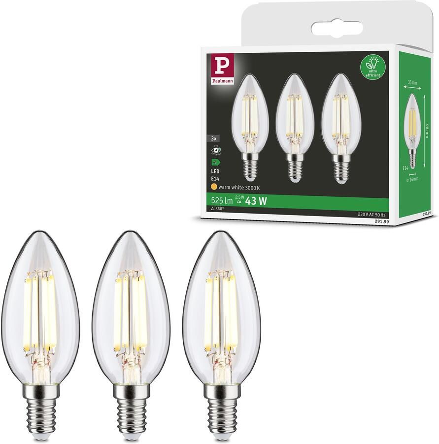 Paulmann Led-verlichting Eco-Line filament 230V LED kaars E14 3-pack 525lm 2 5W 3000K helder (3 stuks) - Foto 2