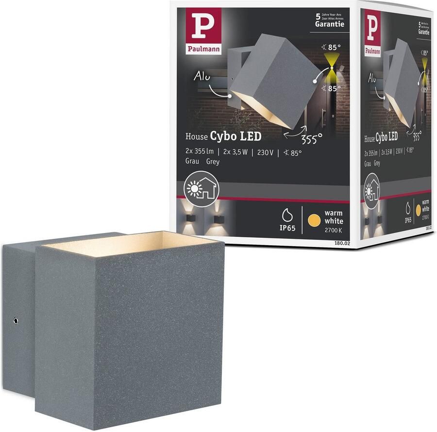 Paulmann Led-wandlamp voor buiten 230V Cybo LED 2x3 5W 230V IP65 vierkant 100x100mm Grijs Aluminium (1 stuk)
