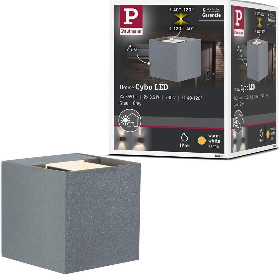 Paulmann Led-wandlamp voor buiten 230V Cybo LED 2x3 5W 230V IP65 vierkant 80x80mm Grijs Aluminium (1 stuk) - Foto 3