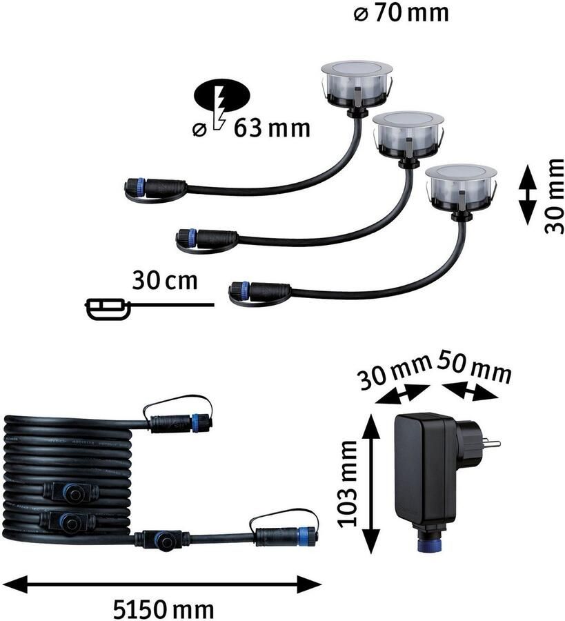Paulmann Ledinbouwlamp Plug & Shine Vloer Basisset IP67 2200K 3x2W 21VA zilverkleur (3 stuks) - Foto 2