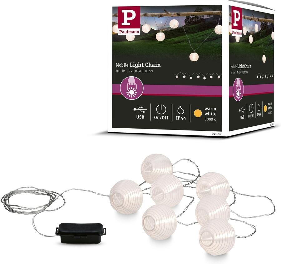 Paulmann Lichtsnoer Buiten Mobiele Lampionketting IP44 3000K 7x1lm 5V oplaadbaar met USB (1 stuk)