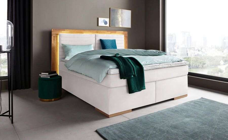 Places of Style Boxspring Cup met ledverlichting massief houten lijst en topmatras in 2 hardheden