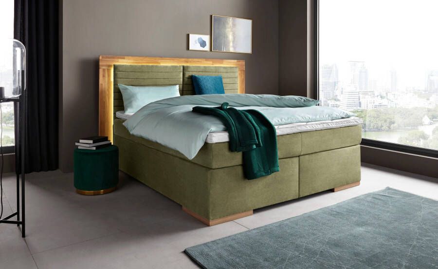 Places of Style Boxspring Cup met ledverlichting massief houten lijst en topmatras in 2 hardheden