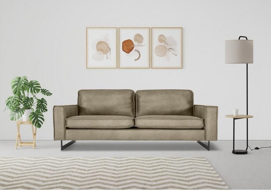 Places of Style 2-zitsbank Pinto 166 cm cord chenille leerlook met keder zwarte metalen voeten golfondersteuning