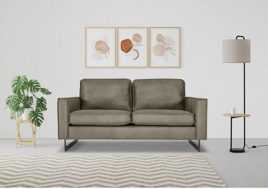 Places of Style 2-zitsbank Pinto 166 cm cord chenille leerlook met keder zwarte metalen voeten golfondersteuning