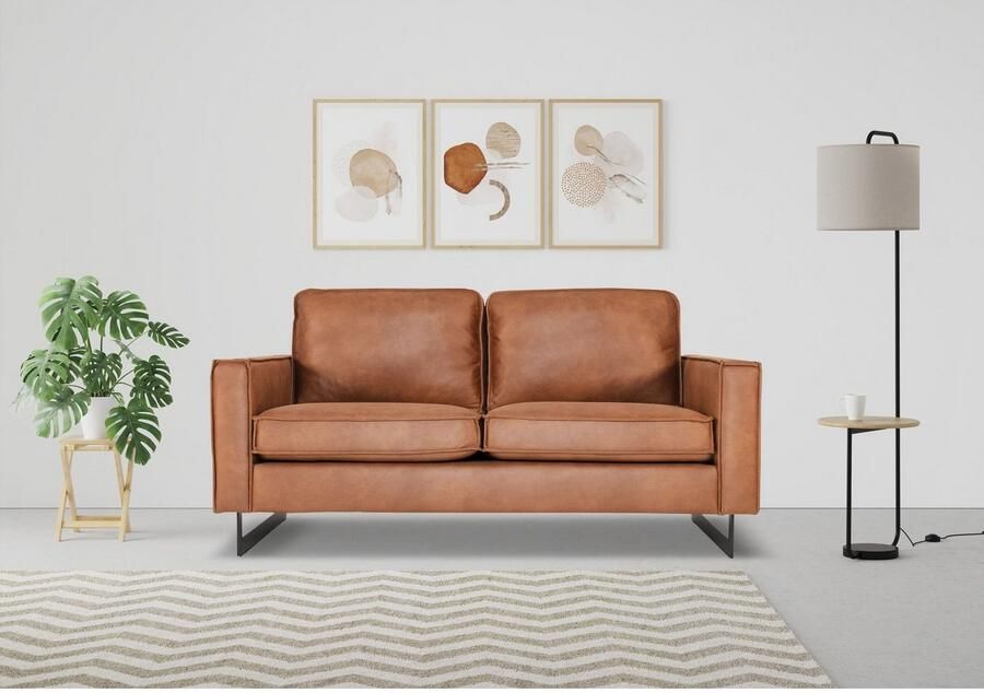 Places of Style 2-zitsbank Pinto 166 cm cord chenille leerlook met keder zwarte metalen voeten golfondersteuning - Foto 2