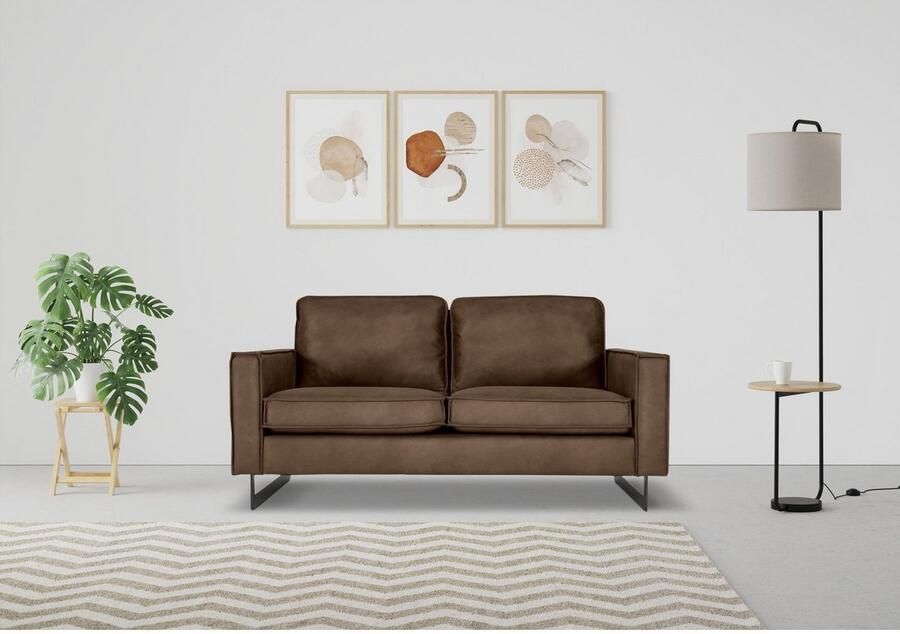 Places of Style 2-zitsbank Pinto 166 cm cord chenille leerlook met keder zwarte metalen voeten golfondersteuning