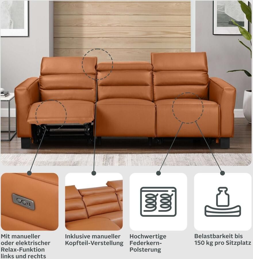 Places of Style 3-zitsbank Carpari 224 cm handmatige of elektrische relaxfunctie in 2 zitplaatsen