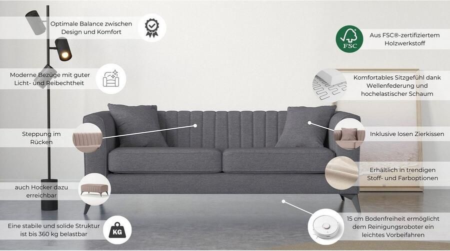 Places of Style 3-zitsbank MATTHEW elegant designsofa afmetingen B D H: 201 86 74 cm fijne stiksels in het ruggebied losse zitkussens inclusief sierkussens - Foto 3