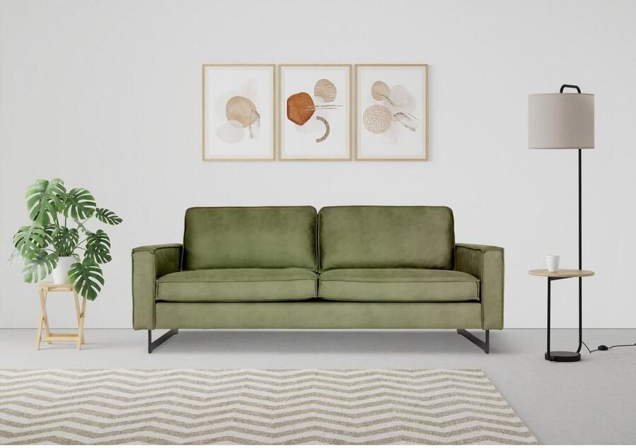 Places of Style 3-zitsbank Pinto 206 cm cord chenille leerlook met keder zwarte metalen voeten golfondersteuning