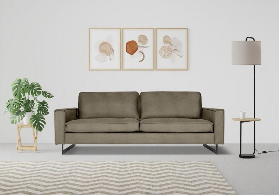 Places of Style 3-zitsbank Pinto 206 cm cord chenille leerlook met keder zwarte metalen voeten golfondersteuning