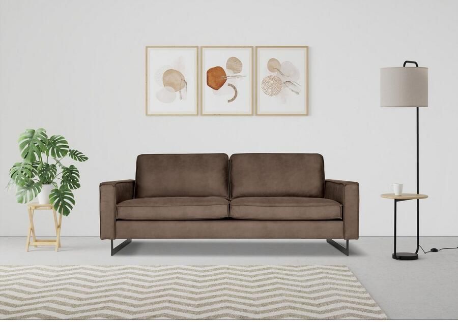 Places of Style 3-zitsbank Pinto 206 cm cord chenille leerlook met keder zwarte metalen voeten golfondersteuning