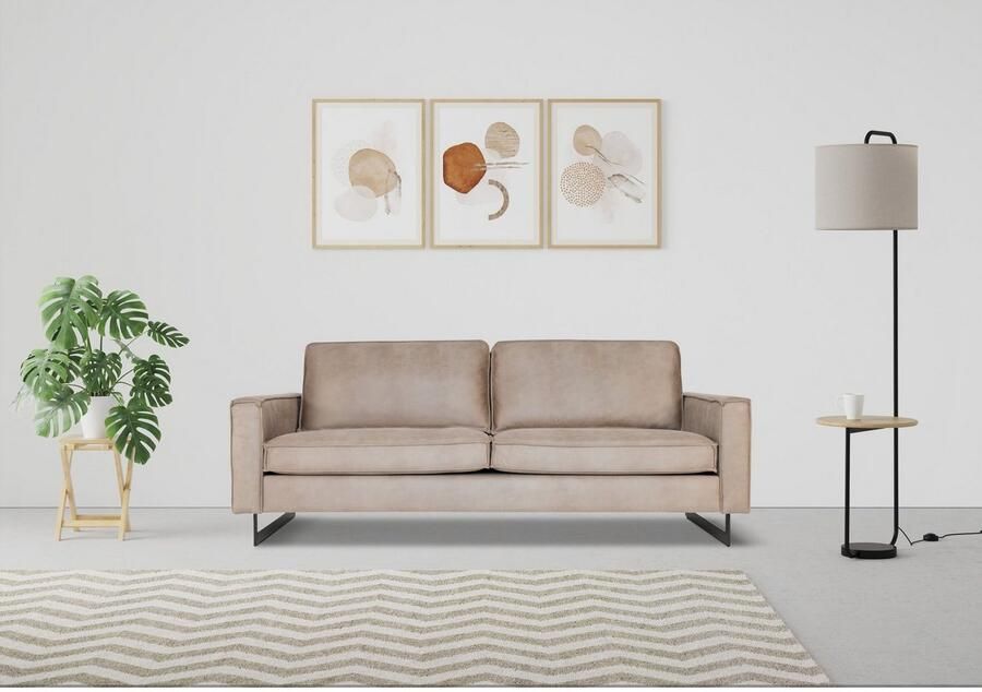 Places of Style 3-zitsbank Pinto 206 cm cord chenille leerlook met keder zwarte metalen voeten golfondersteuning