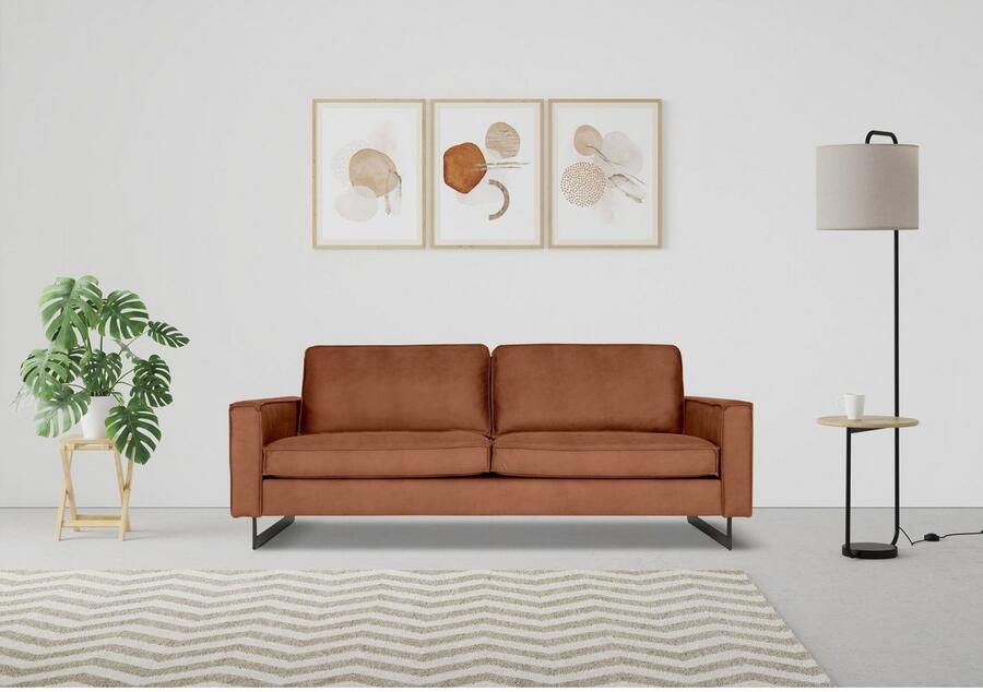 Places of Style 3-zitsbank Pinto 206 cm cord chenille leerlook met keder zwarte metalen voeten golfondersteuning