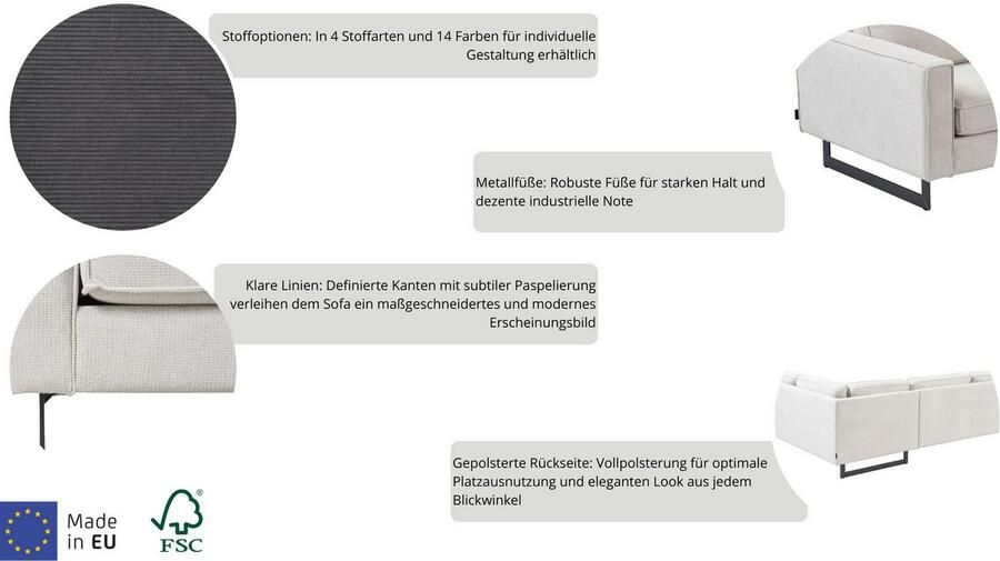 Places of Style 2-zitsbank Pinto 166 cm cord chenille leerlook met keder zwarte metalen voeten golfondersteuning - Foto 3