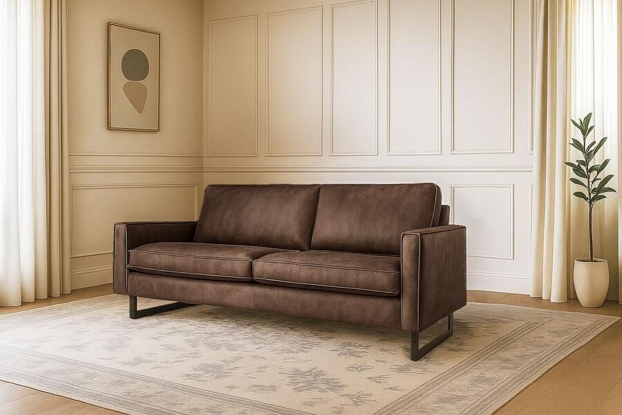 Places of Style 3-zitsbank Pinto 206 cm cord chenille leerlook met keder zwarte metalen voeten golfondersteuning - Foto 3