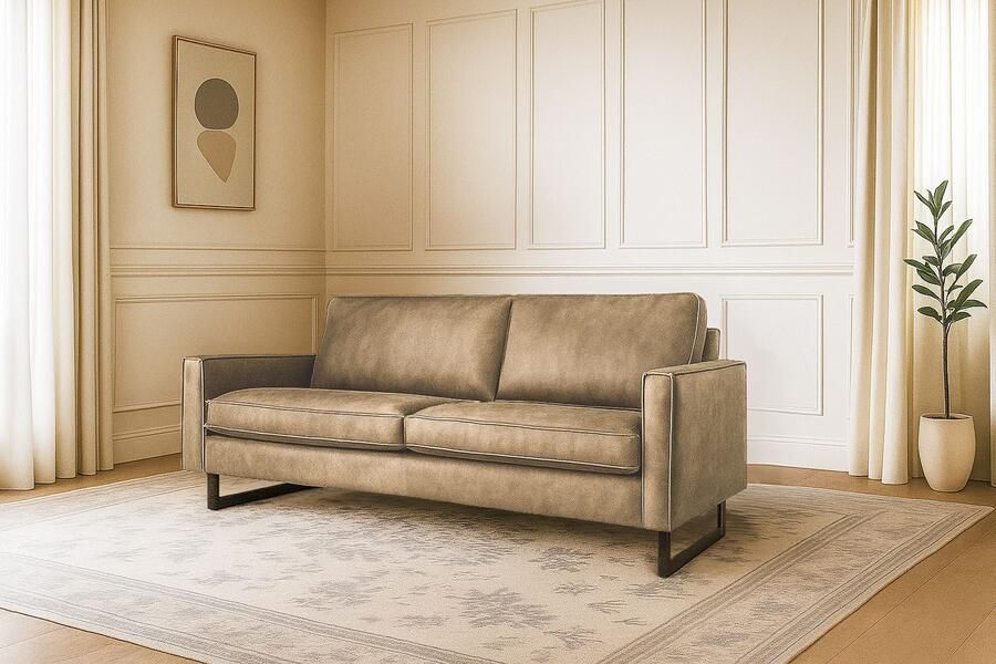 Places of Style 3-zitsbank Pinto 206 cm cord chenille leerlook met keder zwarte metalen voeten golfondersteuning - Foto 3