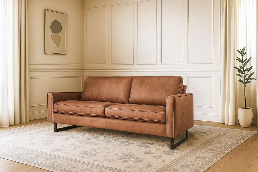 Places of Style 3-zitsbank Pinto 206 cm cord chenille leerlook met keder zwarte metalen voeten golfondersteuning - Foto 3