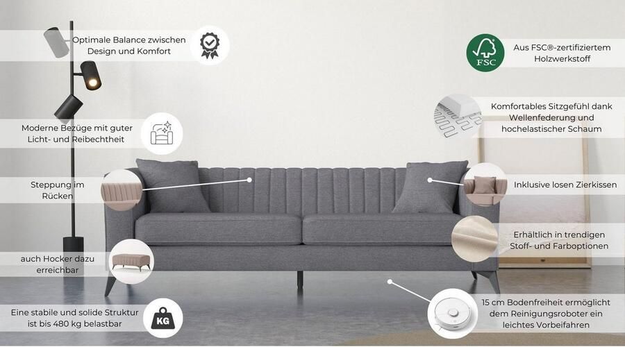 Places of Style 4-zitsbank MATTHEW elegant designsofa afmetingen B D H: 231 86 74 cm XXL stiksels in de rug losse zitkussens inclusief 2. sierkussen - Foto 3