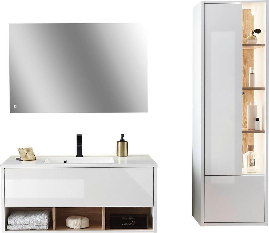 Places of Style Badkamerserie Studio Line bad in modern ontwerp 3-delig badkamer Kast wastafel en spiegel in twee kleuren beschikbaar opbergruimte (3-delig) - Foto 3