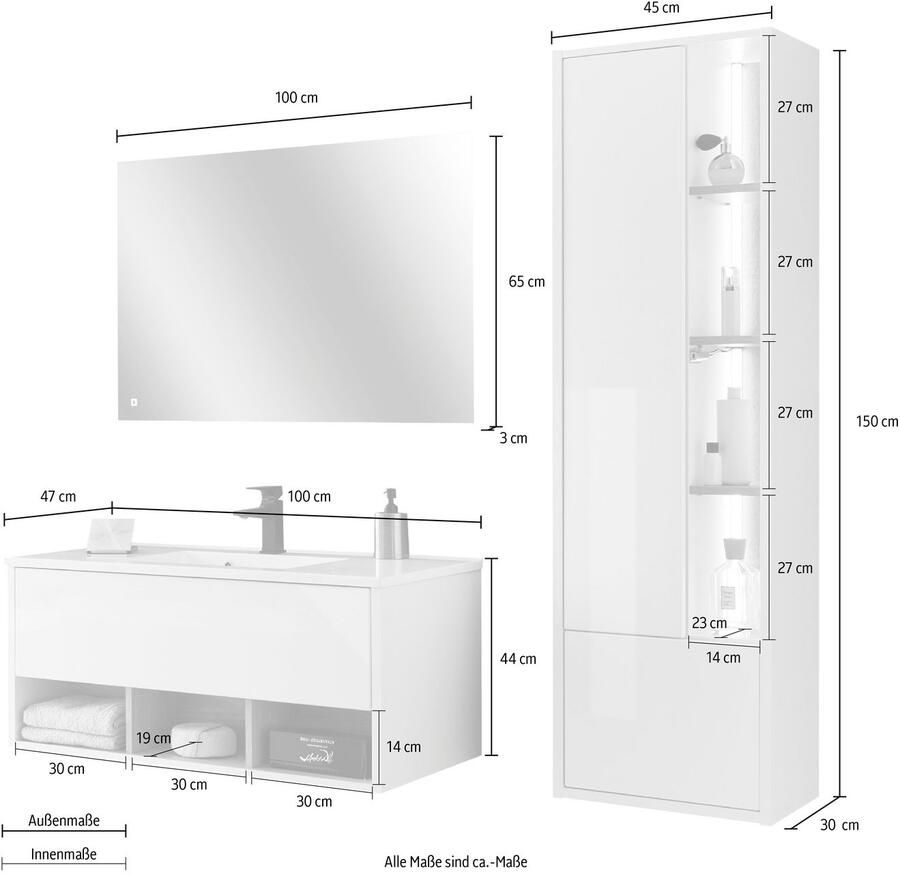 Places of Style Badkamerserie Studio Line bad in modern ontwerp 3-delig badkamer Kast wastafel en spiegel in twee kleuren beschikbaar opbergruimte (3-delig)