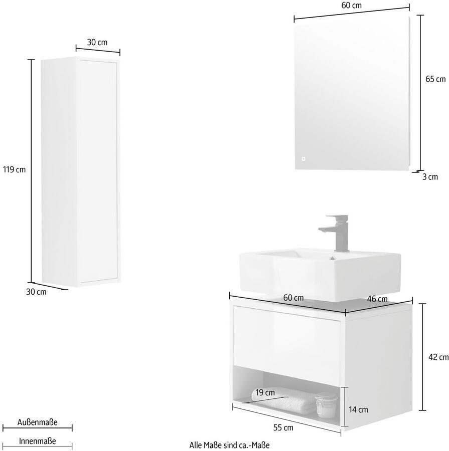 Places of Style Badkamerserie Studio Line bad in modern ontwerp 3-delig badkamer Kast onderkast en spiegel in twee kleuren beschikbaar opbergruimte (3-delig)