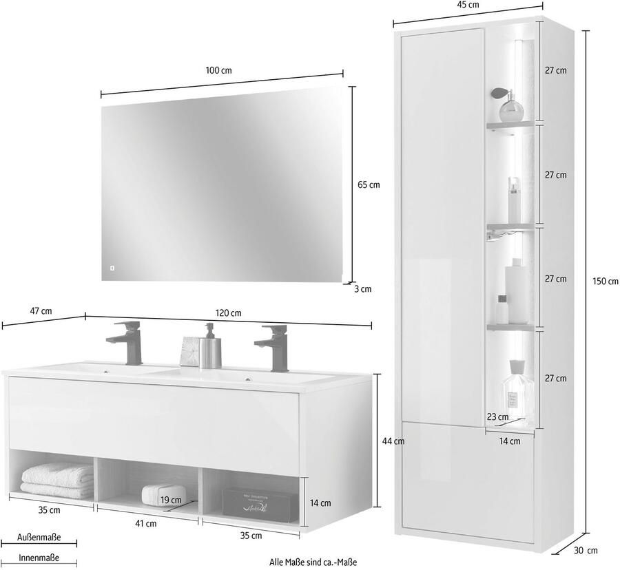 Places of Style Badkamerserie Studio Line bad in modern ontwerp 3-delig badkamer Kast wastafel en spiegel in twee kleuren beschikbaar opbergruimte (3-delig)