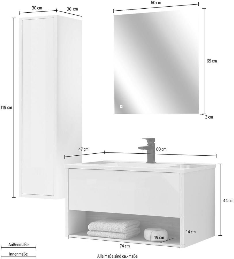 Places of Style Badkamerserie Studio Line bad in modern ontwerp 3-delig badkamer Kast wastafel en spiegel in twee kleuren beschikbaar opbergruimte (3-delig) - Foto 3