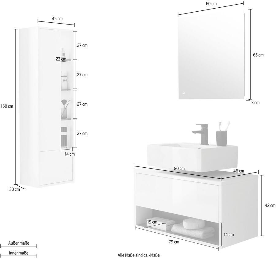 Places of Style Badkamerserie Studio Line bad in modern ontwerp 3-delig badkamer Kast onderkast en spiegel in twee kleuren beschikbaar opbergruimte (3-delig)